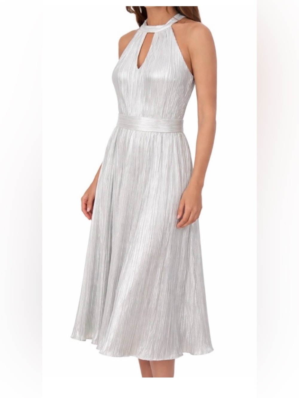NWOT Size 6 Kensie silver metallic pleated Halter midi dress
